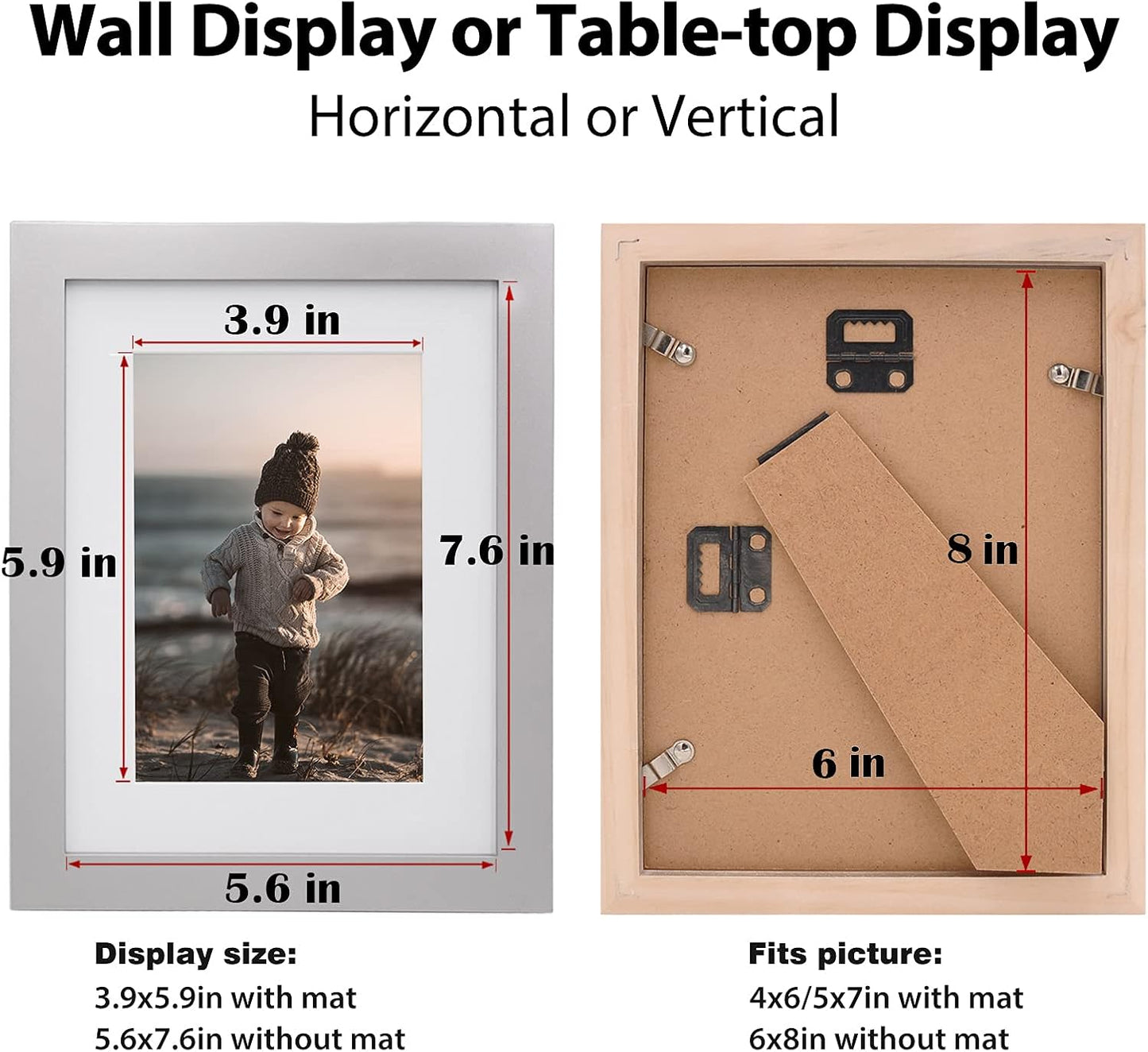 KINLINK 6x8 Picture Frame Light Grey, Solid Wood Frames with Acrylic Plexiglass for Pictures 4x6 with Mat or 6x8 without Mat,Tabletop and Wall Display Photo Frame, Set of 4