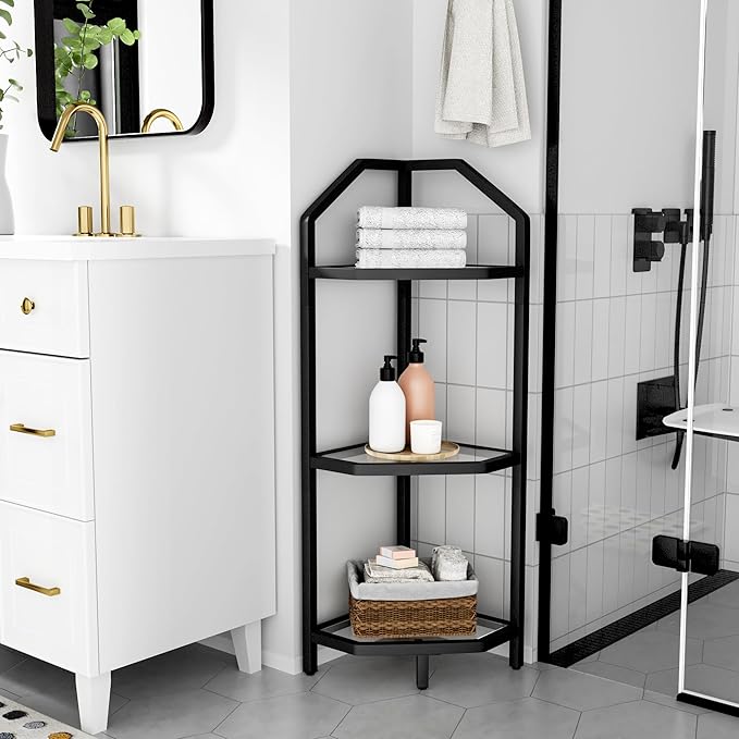 3-Tier Corner Shelf Stand, Black Corner Bookshelf, Bathroom Storage Rack Shelf, Plant Rack, Tempered Glass, Steel Frame, Modern Style for Living Room, Bathroom, Kitchen, Metallic Black