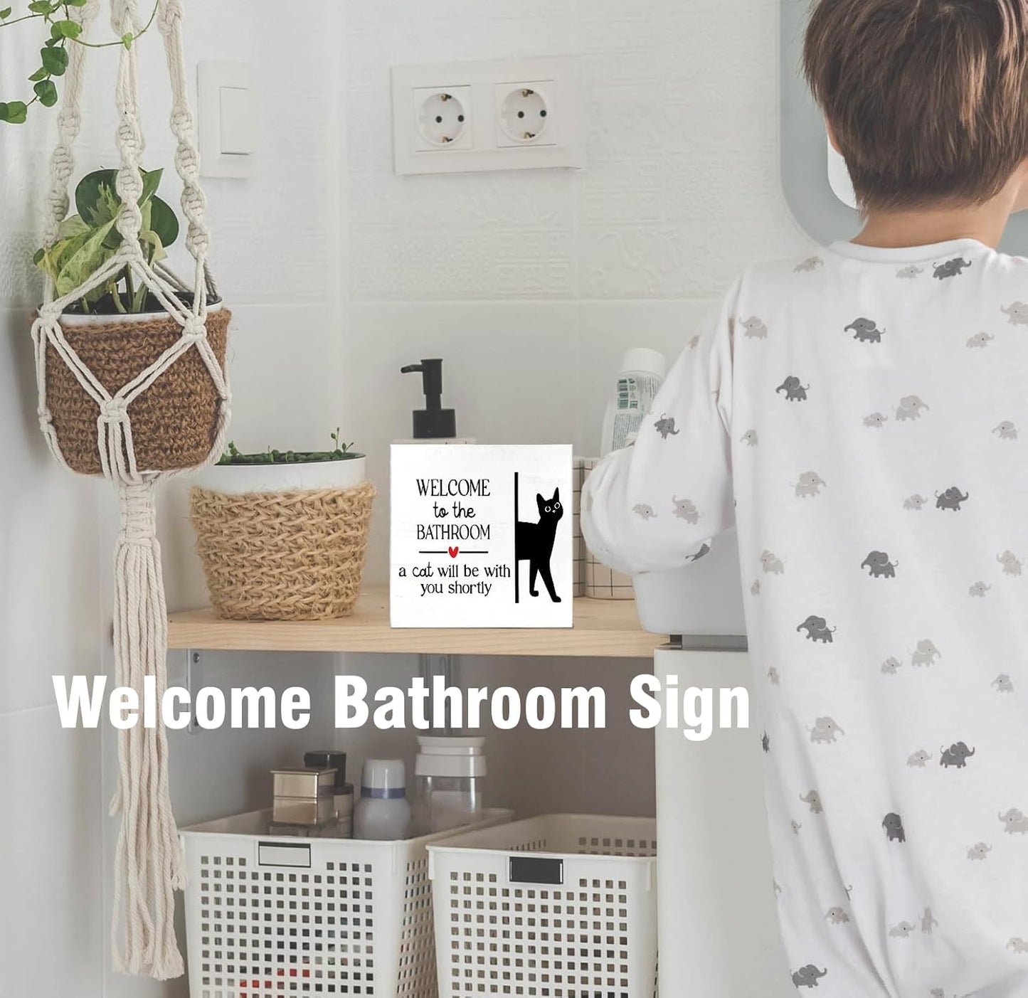 Funny Bathroom Black Cat Wall Decor Desk Wooden Box Sign, Cat Decor for Home Welcome to the Bathroom Sign, Gifts for Women Cats Lovers, Welcome To The Bathroom A Cat Will Be With, 5x5 inch