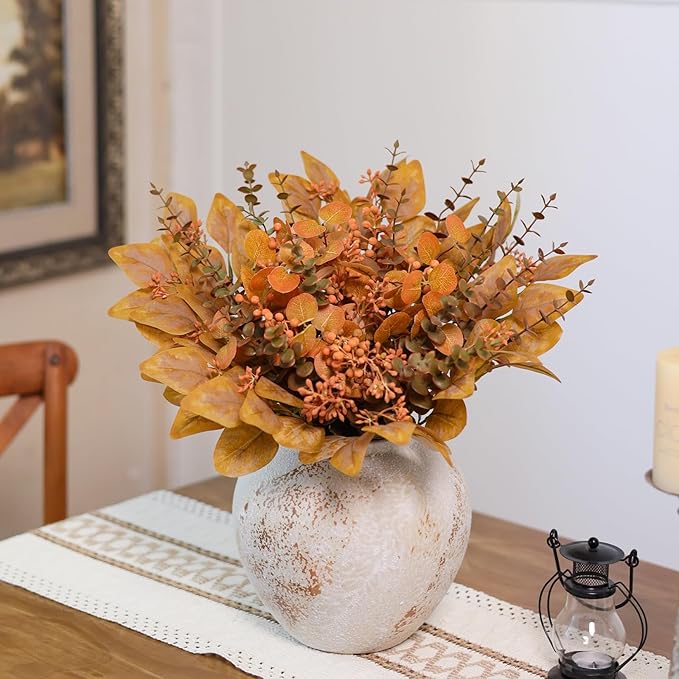 120 Pcs 5 Kinds Mixed Artificial Eucalyptus Leaves Stems and Fake Berry Bulk for Fall Decorations,Faux Plants Bundle for DIY Bouquets Floral Arrangement Wedding Engagement Party Autumn Decor (Orange)