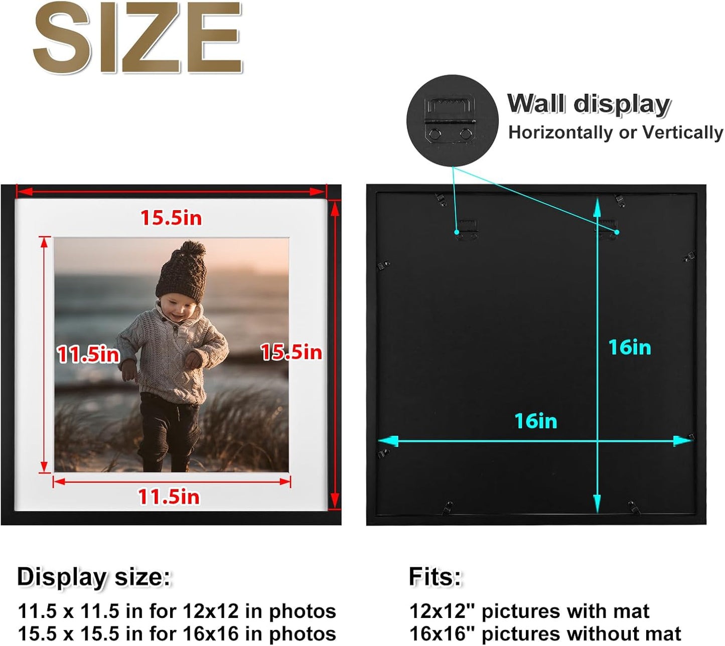 KINLINK 16x16 Picture Frame, Black Square Solid Wood Frames for Pictures 12x12 with Mat or 16x16 without Mat, Wall Display Photo Frames Black 1 Pack