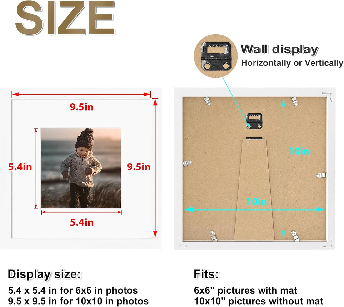 KINLINK 10x10 Picture Frame, White Square Solid Wood Frames for Pictures 6x6 with Mat or 10x10 without Mat, Wall and Tabletop Display Photo Frames White 4 Pack