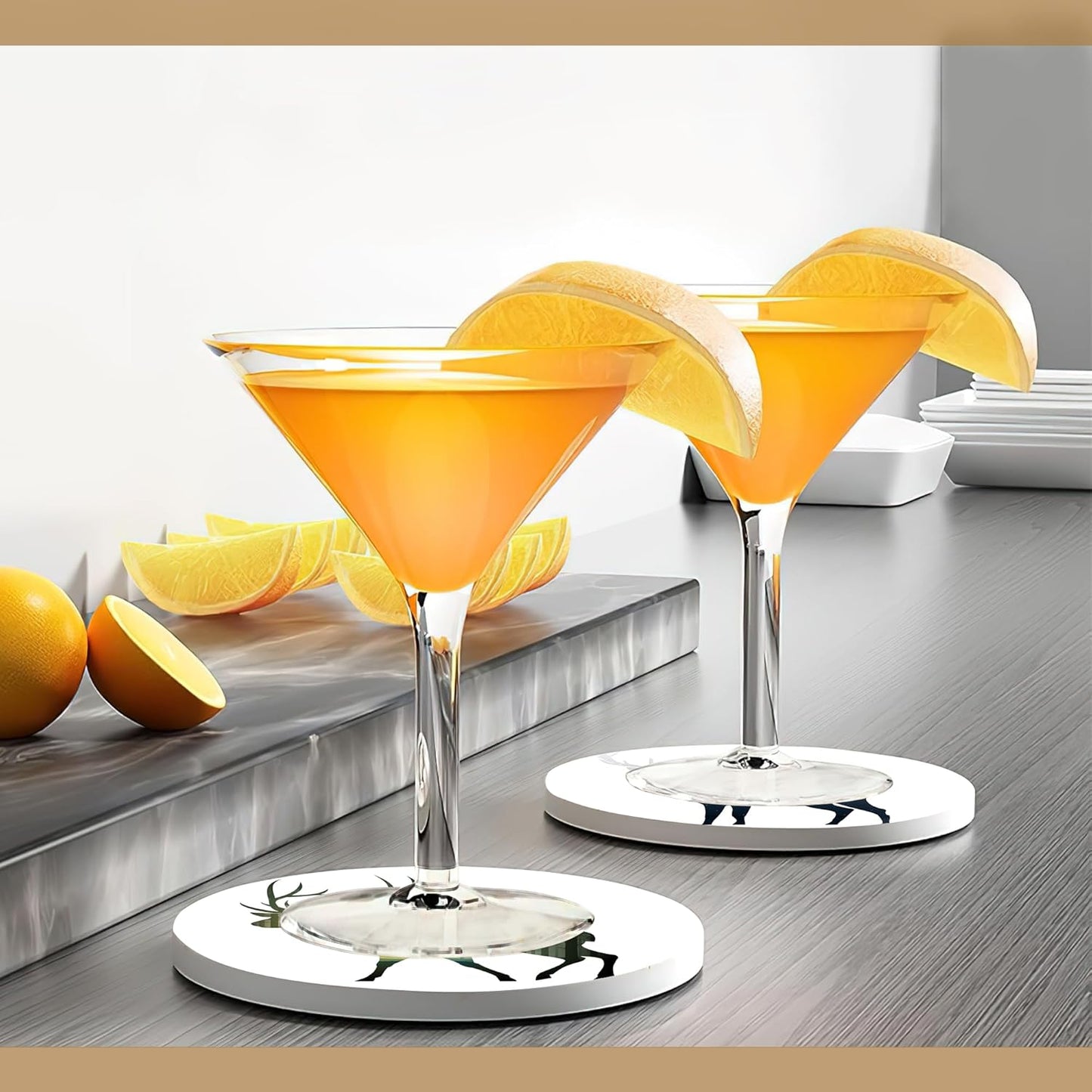 Drink Coasters with Holder,6 Pcs Deer Misty Forest Absorbent Ceramic Coasters with Cork Base,Cute Funny Table Drinks Coasters,Table Home Decor,4 Inches