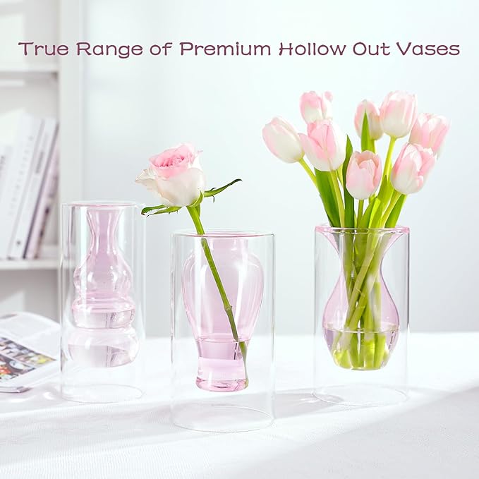 ZENS Unique Pink Small Flower Vase, Double Hollow Floating Clear Glass Vase, Modern Decorative Hand Blown Cool Bud Vase for Home Small Bouquet, Wedding Centerpieces
