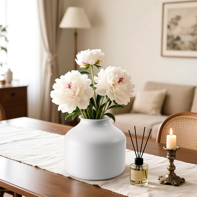 Goaste Metal Matte Flower Vase, Small White Vase for Flowers, 6.3 Inch Tall Iron Frosted Floral Arranging Vases, Nordic Style Round Boho Vases for Modern Minimalist Home Decor, Wedding, Bookshelf