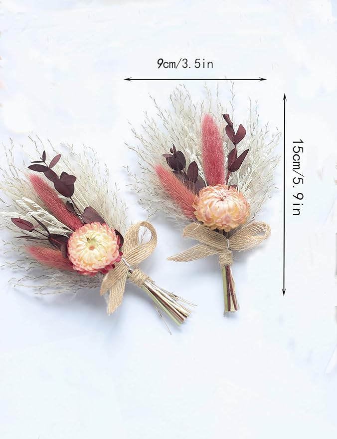 xin's convey Burgundy Mini Dried Flower Bouquet Set of 6, Small Pampas Grass, Groom's Corsage, Dinner Plate Decoration, Bridesmaid Proposal Gift Box Bouquet, Birthday Cake Vase Decoration. (Burgundy)