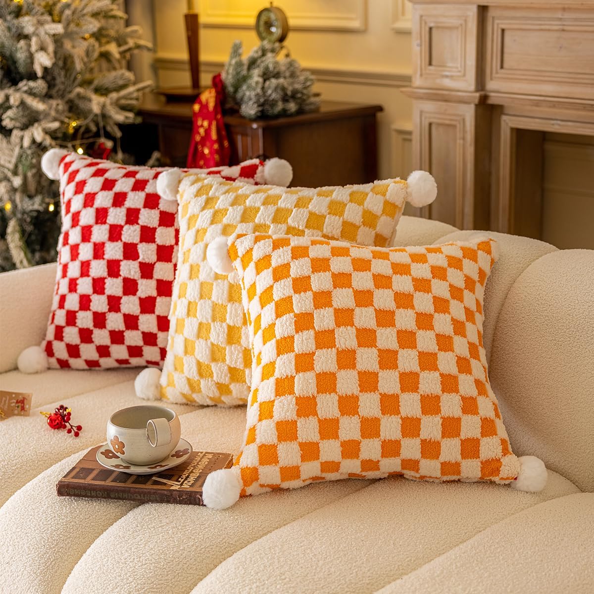 Faux Fur Plush Decorative Throw Pillow Covers with Pom Poms 18x18 Square Soft Christmas Checkered Pillow Covers for Couch Set of 2 Yellow x2