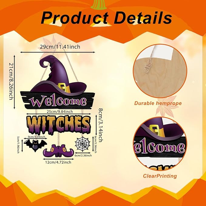 Welcome Witches Door Sign,Witch Legs Hat Wooden Hanging Sign,Rustic Halloween Bat Wall Decor,Halloween Witch Theme Wooden Sign,Spider Web Wall Plaque for Porch Yard Home Room Farmhouse Garden