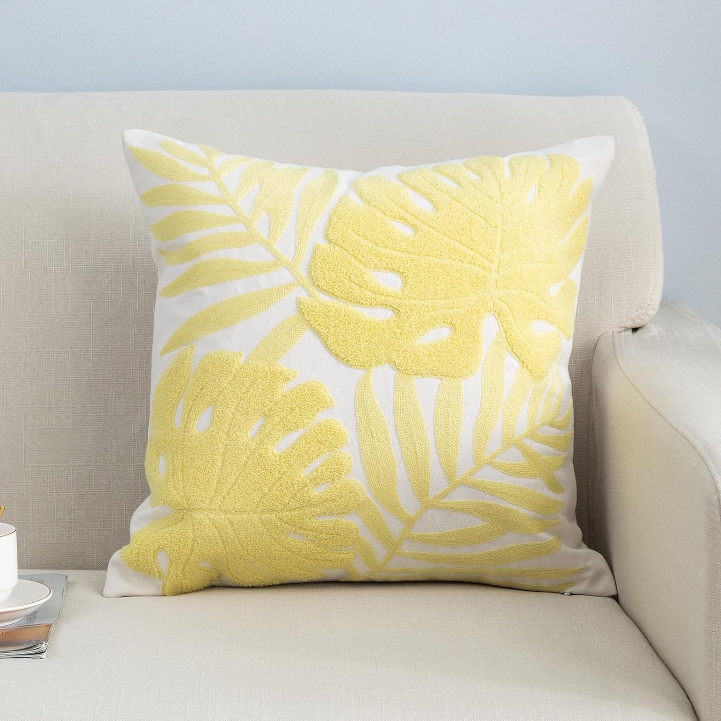 Embroidery Throw Pillow Covers 18x18 Floor Pillow Cover for Couch Bed Room Chair 100% Cotton Loop Embroidered Light Yellow Tropical Leaves Cushion Cover Square Pillow Case 45x45cm, 1 Piece