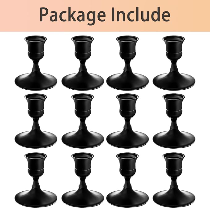 Vintage Black Taper Candle Holders, Set of 12, Metal Taper Candlestick Holder for Dinner Room Table Centerpiece, Wedding Reception, Festive,Mantel Decoration, Home Decor (Black, Set of 12)