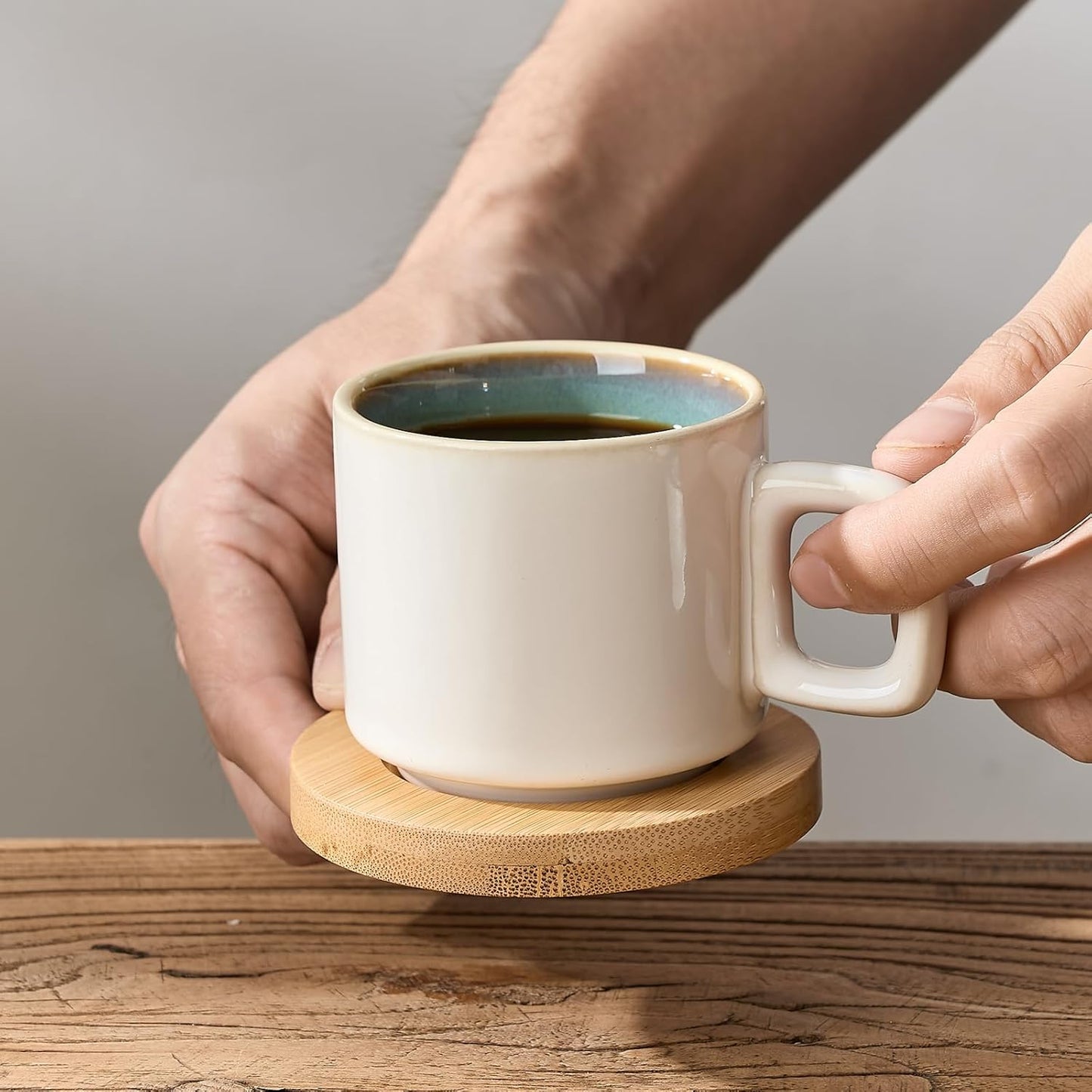 LUKA Porcelain Stackable Espresso Cups with Saucers and Metal Stand, 4 Ounce Small Ceramic Demitasse Cups Set for Latte, Specialty Coffee Drinks, Cafe Mocha,Tea - Set of 4, White Green Interior