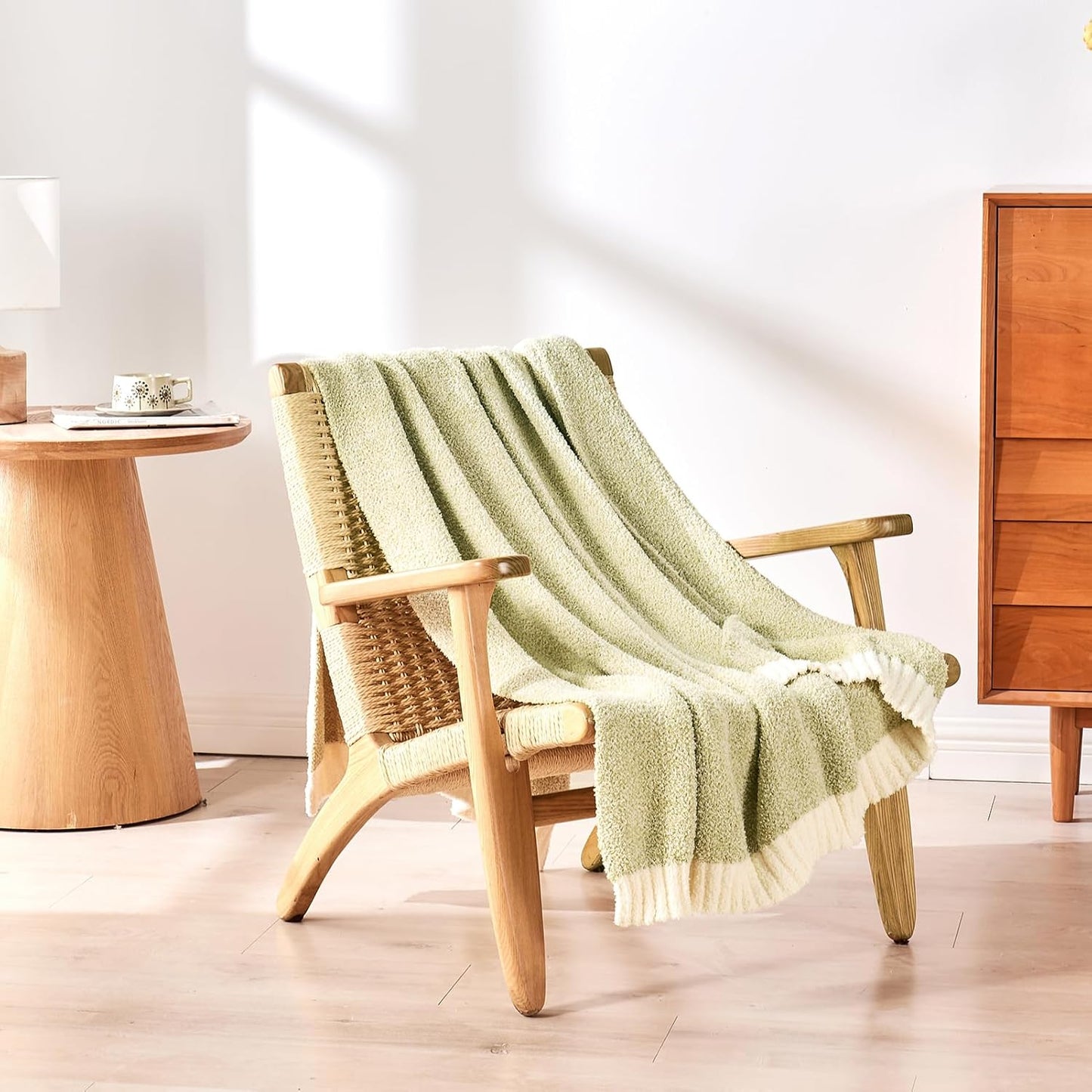 CozeCube Super Soft Fullfy Microfiber Reversible Knitted Blankets, Warm Cozy Fuzzy Plush Throw, Sage Green and White Melange Throw Blanket for Couch Bed Sofa, 60" x 80"