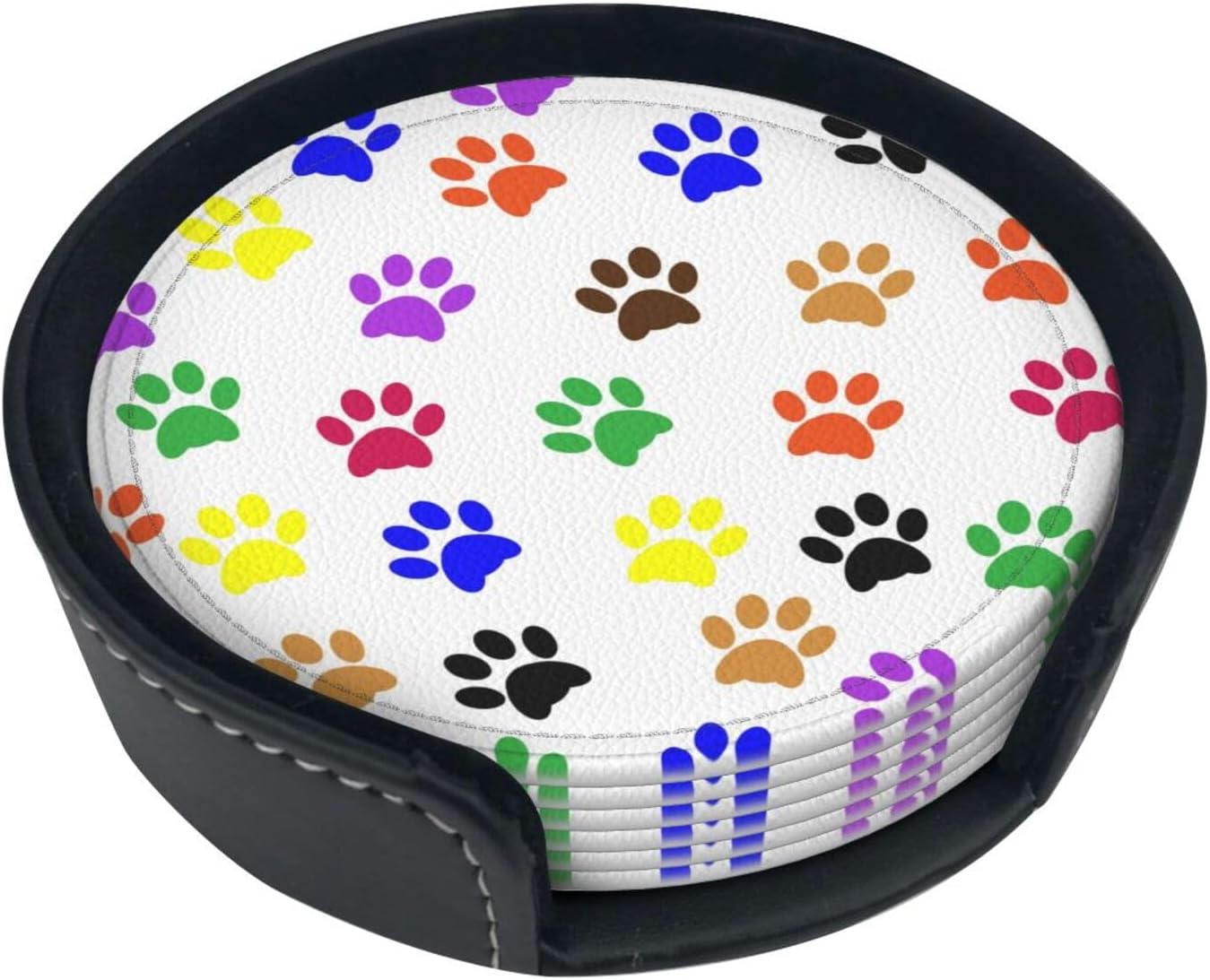 Drink Coasters with Holder Stand Set of 6, Dog Cat Paws Pu Leather Absorbent Coasters with Cork Base Table Round Coaster for Housewarming Apartment Kitchen Bar Decor