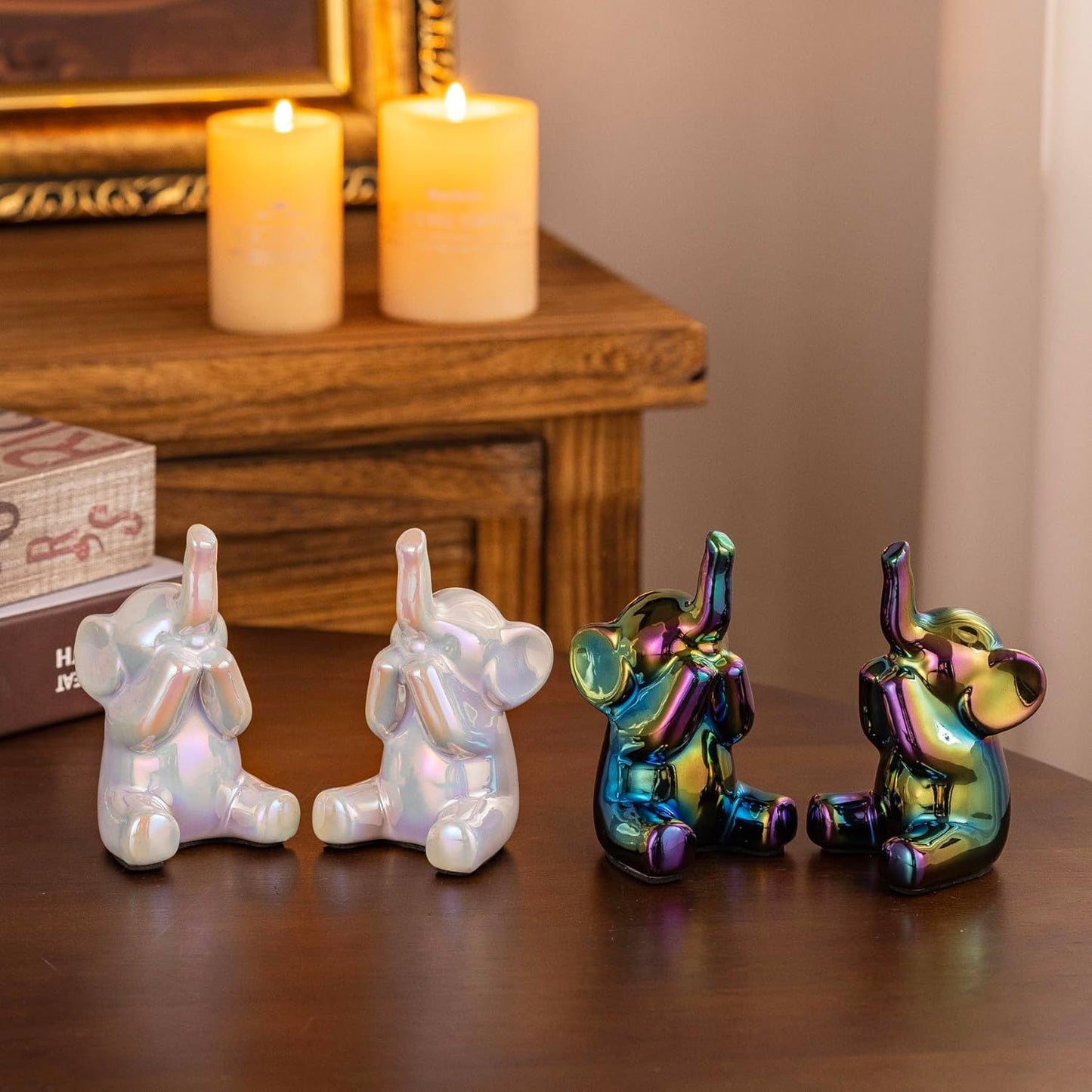 Colorful Black Loving Pair of Small Elephant Statues Silver Home Decor Modern Boho Style Figurine Decorative Ornaments for Living Room, Bedroom, Office Desktop, Cabinets, Shelf