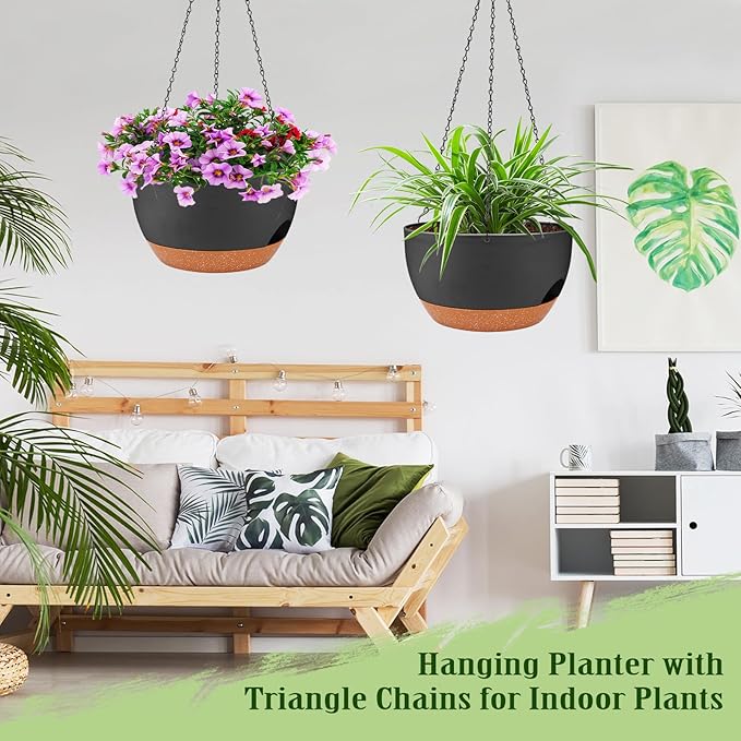 Hanging Planters for Outdoor Indoor Plants, 2 Pack 12 Inch Hanging Basket Plants Outdoor, Self Watering Hanging Planter with Plant Hanger for Garden Home Decoration (Black, 10 inch)