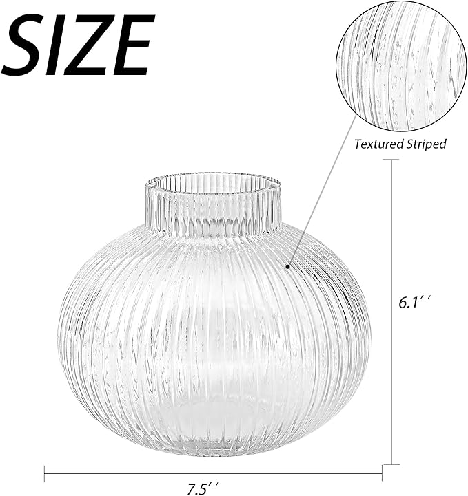 Round Glass Vase, Flower Vases for Bouquet, Ribbed Glass Vases for Flowers, Small Clear Vase for Living Room, Office, Coffee Table, Shelf, Wedding, 6 Inches
