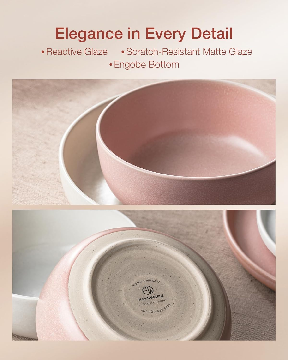 Famiware Milkyway Plates and Bowls Sets, 12 Pieces Dinnerware Sets, Reactive Glaze Dish Set, Stoneware Dishes Set for 4, Matte Beige White & Light Pink