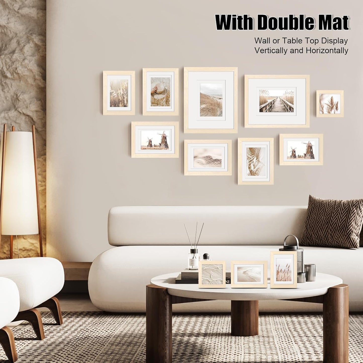 Egofine Picture Frame Set 12 Pack, Picture Frames Collage Wall Decor with Two 8x10, Four 5x7, Four 4x6, Two 4x4 for Wall and Tabletop, Made of Solid Wood, Covered by Plexiglass, Natural Wood