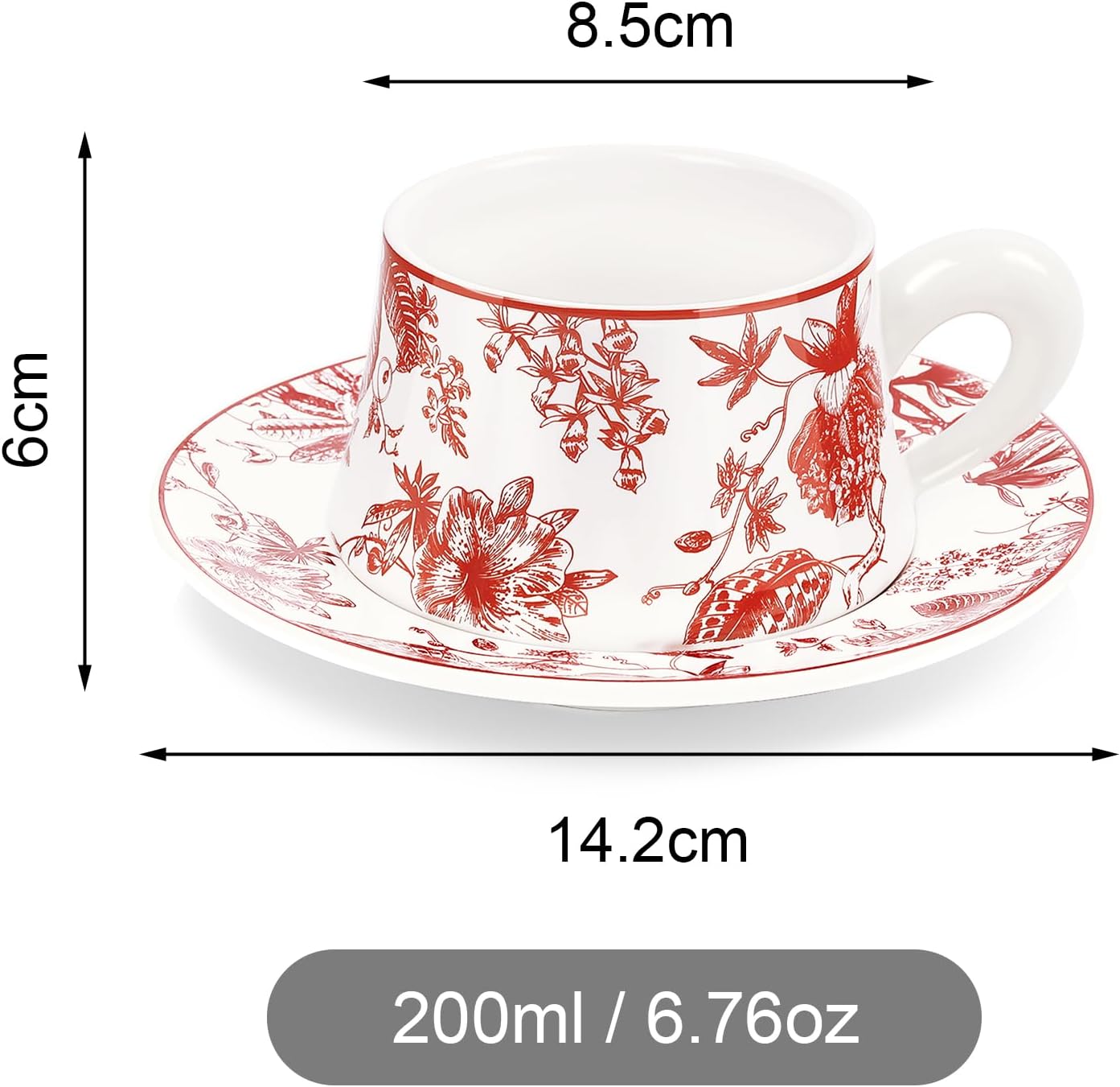 fanquare Red Floral Tea Cup with Saucer 8.5oz Large Porcelain Coffee Cup Modern Single Cup Gift Set for Adults, Ceramic Thick Handle China Cups