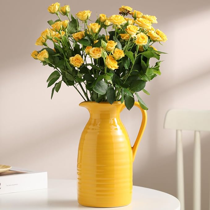 hjn Farmhouse Pitcher Vase for Flowers- Decrative Pitchers White Ceramic Pitcher Yellow Vase for Your Kitchen/Home Decor/Office/Living Room/Bookshelf/Mantel/-Yellow