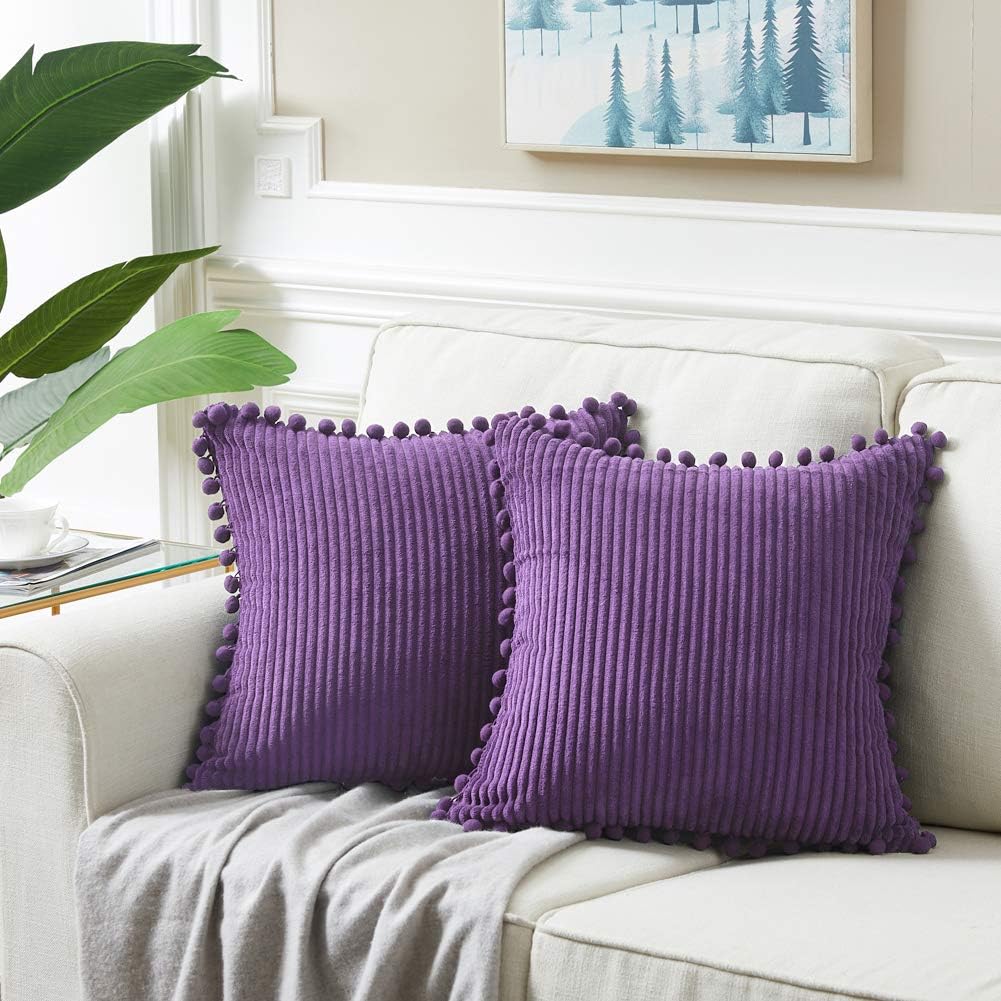 Fancy Homi Pack of 2 Purple Decorative Throw Pillow Covers 20x20 Inch with Pom-poms, Soft Corduroy Solid Square Cushion Cases Set for Living Room Couch Sofa Bedroom Car (20x20 Inch/50x50 cm, Purple)