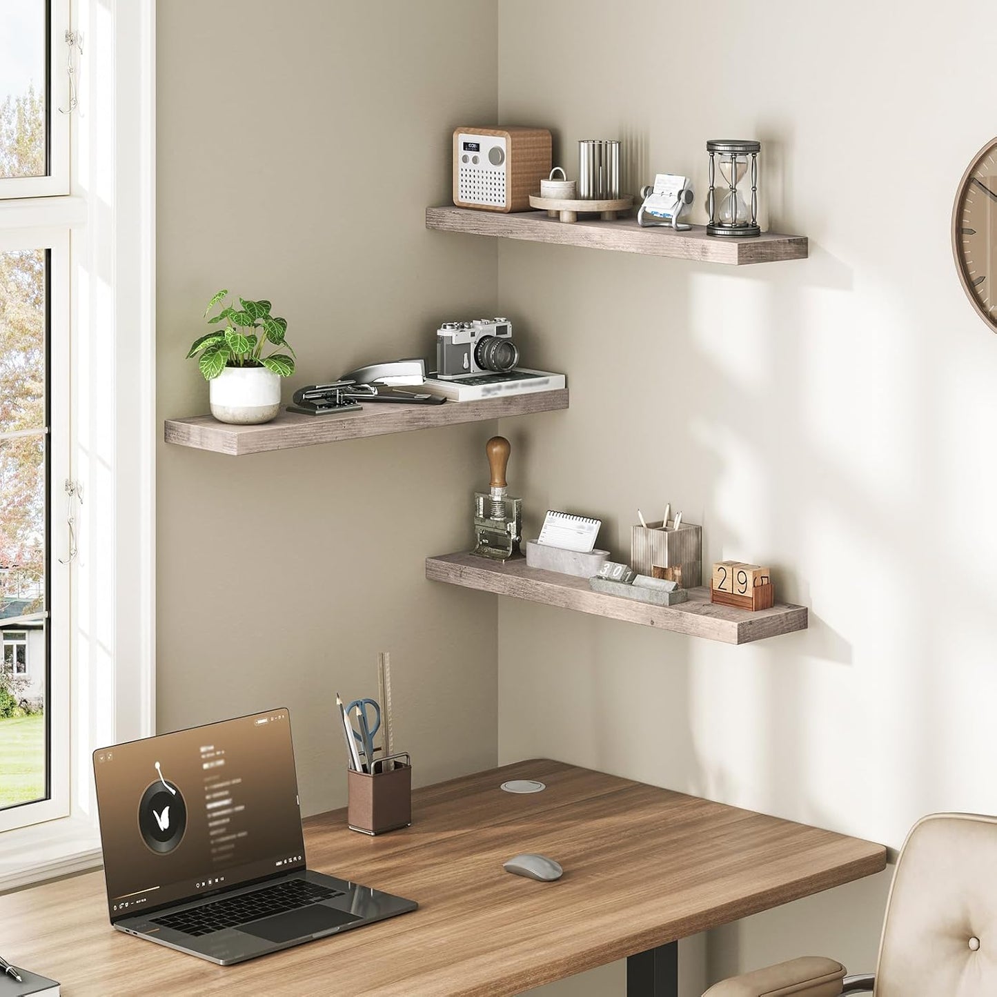 Floating Shelves for Wall, 1.5" Thick Wall Shelf Set of 3 with Invisible Brackets, 23.6L x 7.9W Hanging Book Shelves Farmhouse Home Decor for Bathroom, Living Room, Bedroom, Greige 6301BJP3BG