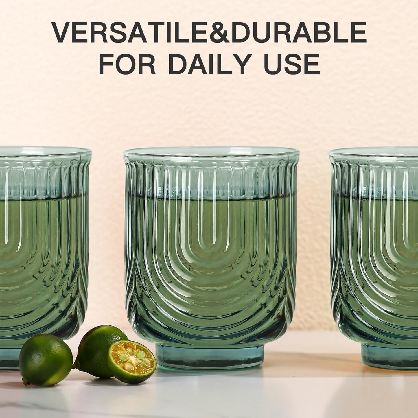 Green Vintage Glassware Set of 6-14Oz Green Water Drinking Glass, Art Deco Ripple Highball Glass, Whiskey Cocktail Glasses, for Bar Beverages Ice Coffee Juice, Housewarming Gifts