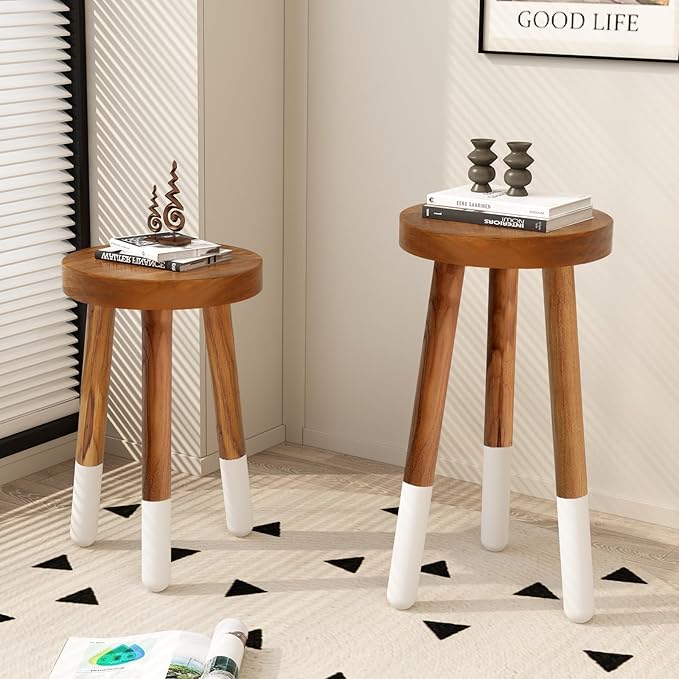 Teak 11.8" Round Dip Dyed Teak Stool | Wood Accent Side Table | Wood Plant Stand (24" Tall White)
