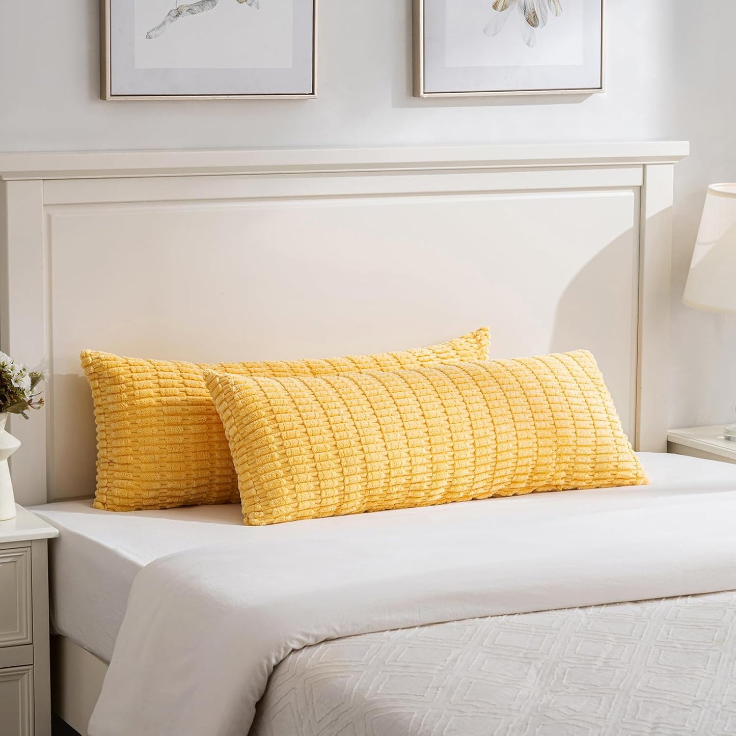 Fancy Homi 1 Pack Yellow Spring Long Lumbar Body Decorative Throw Pillow Covers 14x36 Inch for Bed Couch Bedroom Bench, Soft Corduroy Rectangle Solid Pillow Case 35x91 cm, Rustic Farmhouse Boho Decor
