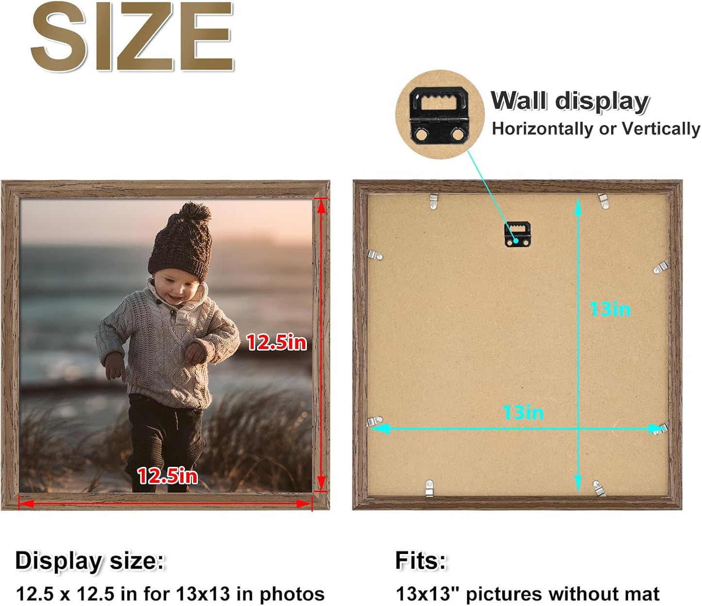 KINLINK 13x13 Picture Frame, Brown Square Solid Wood Frames for Pictures 13x13 without Mat and 12.5x12.5 Music Record Album, Wall Display Photo Frames Brown Wood 1 Pack