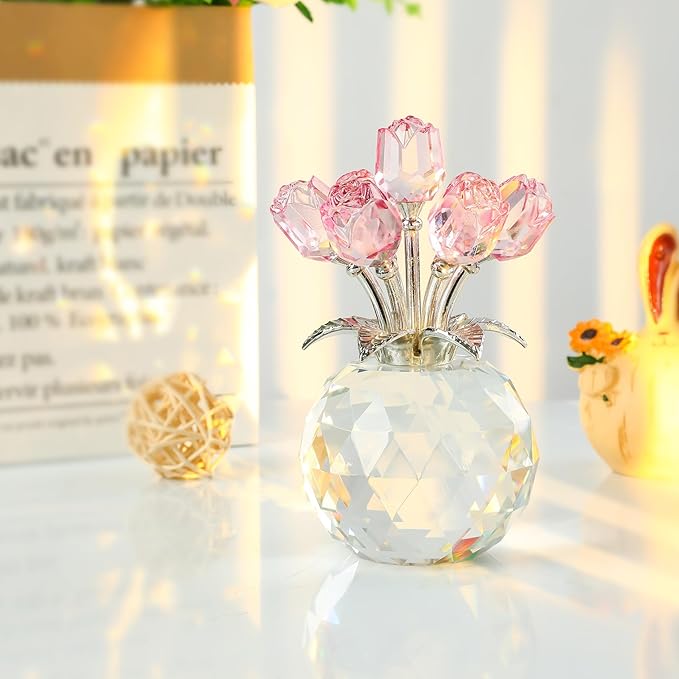 Crystal Rose Bouquet Flower Figurine - Pink Rose Gifts for Women, Collectible Floral Glass Ornaments for Valentine's Day, Mother's Day, Boxed