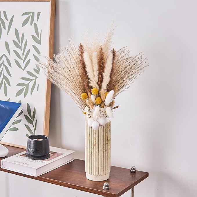 Cylinder Vase 8 Inch - Natural Travertine Textured Ribbed Resin Vase for Pampas Grass, Flowers, Home Decor | Decorative Centerpiece for Entryway, Countertop, Nightstand | Housewarming Gift (Beige)