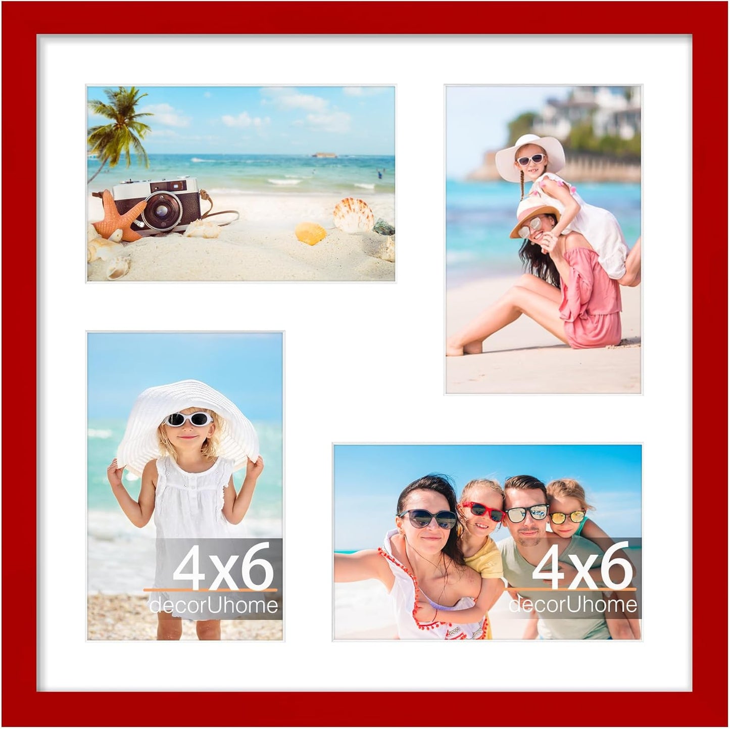 decorUhome 12x12 Picture Frames Collage Wall Decor, Display 4Pcs 4x6 Photos with Mat or 1Pcs 12x12 Unmatted, 4 4x6 Collage Picture Frames for Wall Mounting, Red