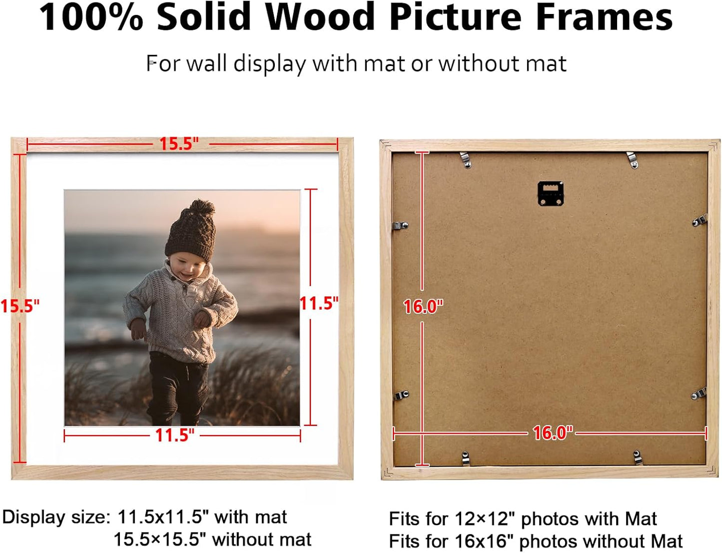 KINLINK 16x16 Picture Frame, Natural Square Solid Wood Frames for Pictures 12x12 with Mat or 16x16 without Mat, Wall Display Photo Frames Natural Wood 4 Pack