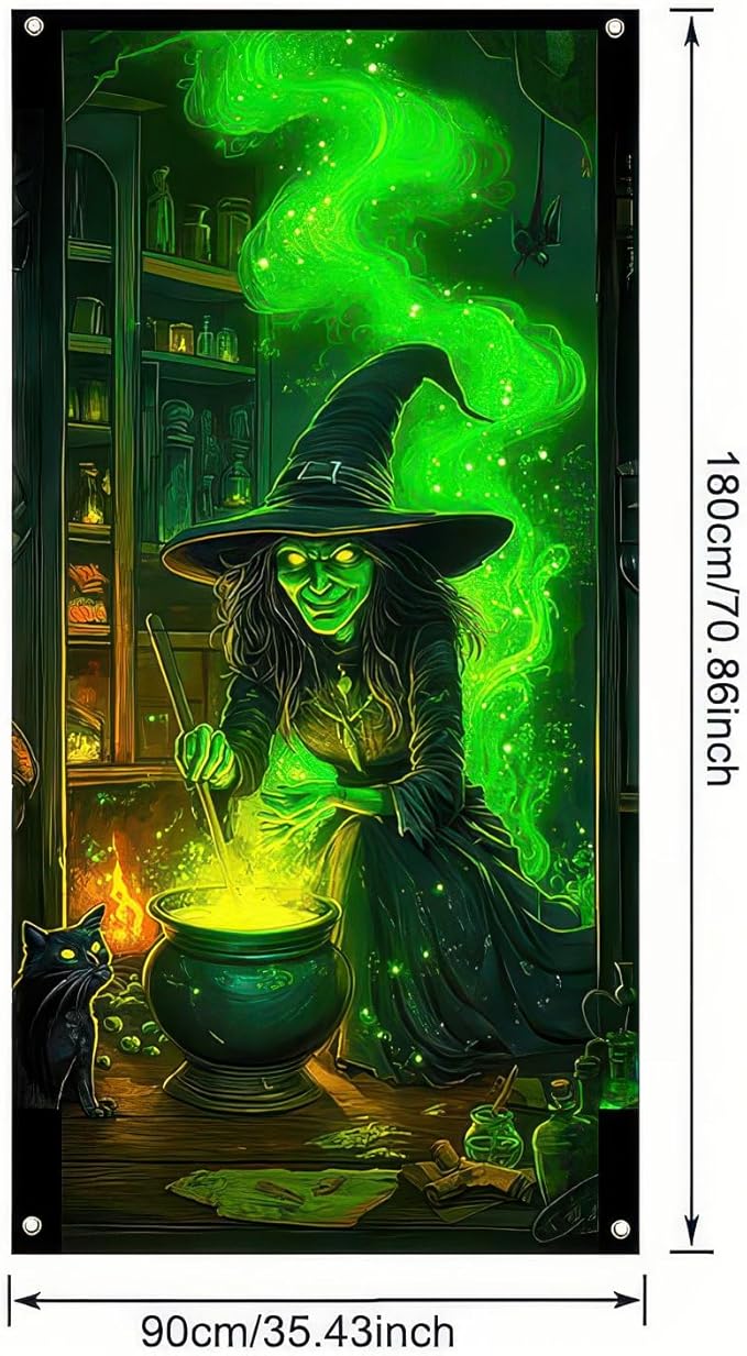 Halloween Door Cover 71x35 Inch Green Witch Black Cat Potion Room Hanging Banner Spooky Halloween Door Banner for Indoor Front Porch Wall Haunted House Party Decor
