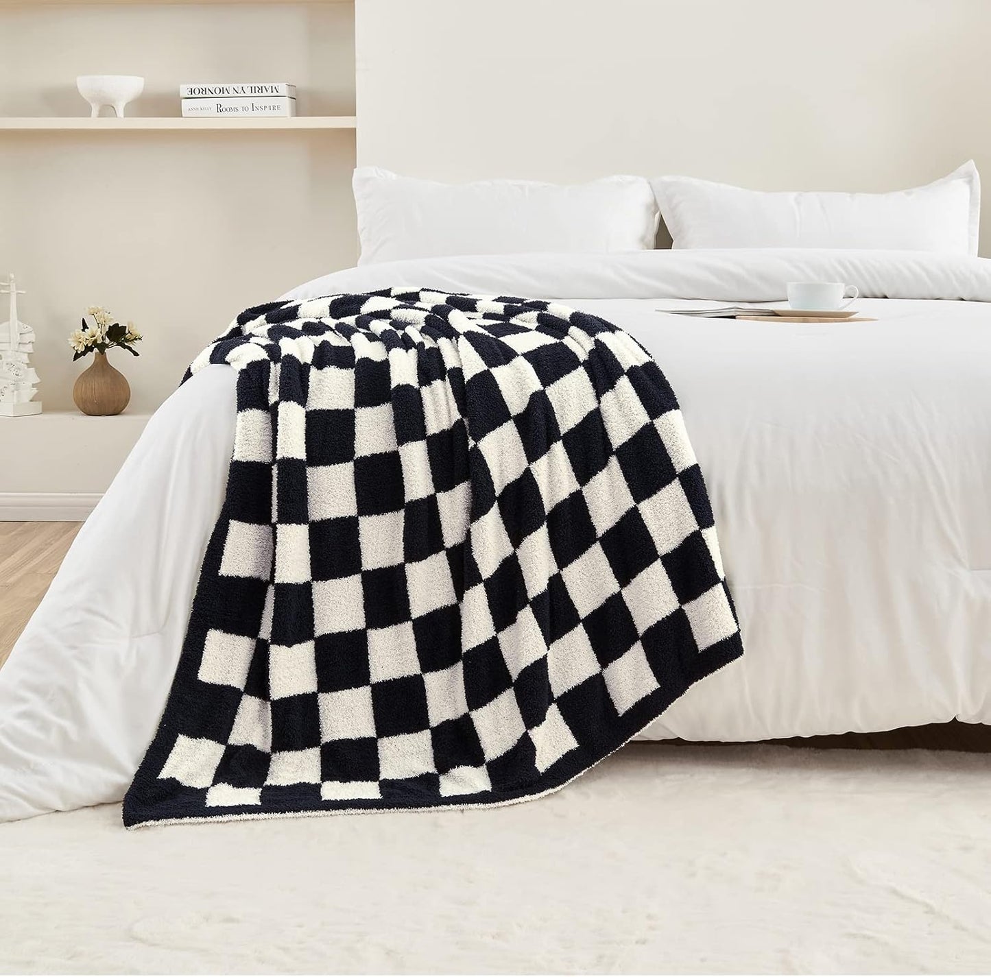 CozeCube Super Soft Fullfy Microfiber Reversible Knitted Blankets, Warm Cozy Fuzzy Plush Throw, Black and White Checkered Throw Blanket for Couch Bed Sofa, 50" x 60"