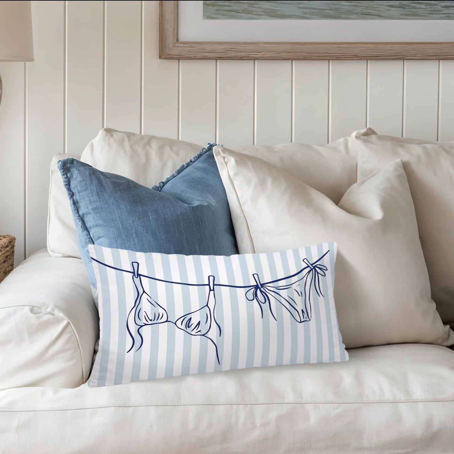 Coastal Beach Girly Room Decor 12x20 Pillow Cover, Preppy Beach Navy Blue Bikini Striped Decorative Lumbar Pillow Covers for Girls Bedroom College Dorm Sofa Couch