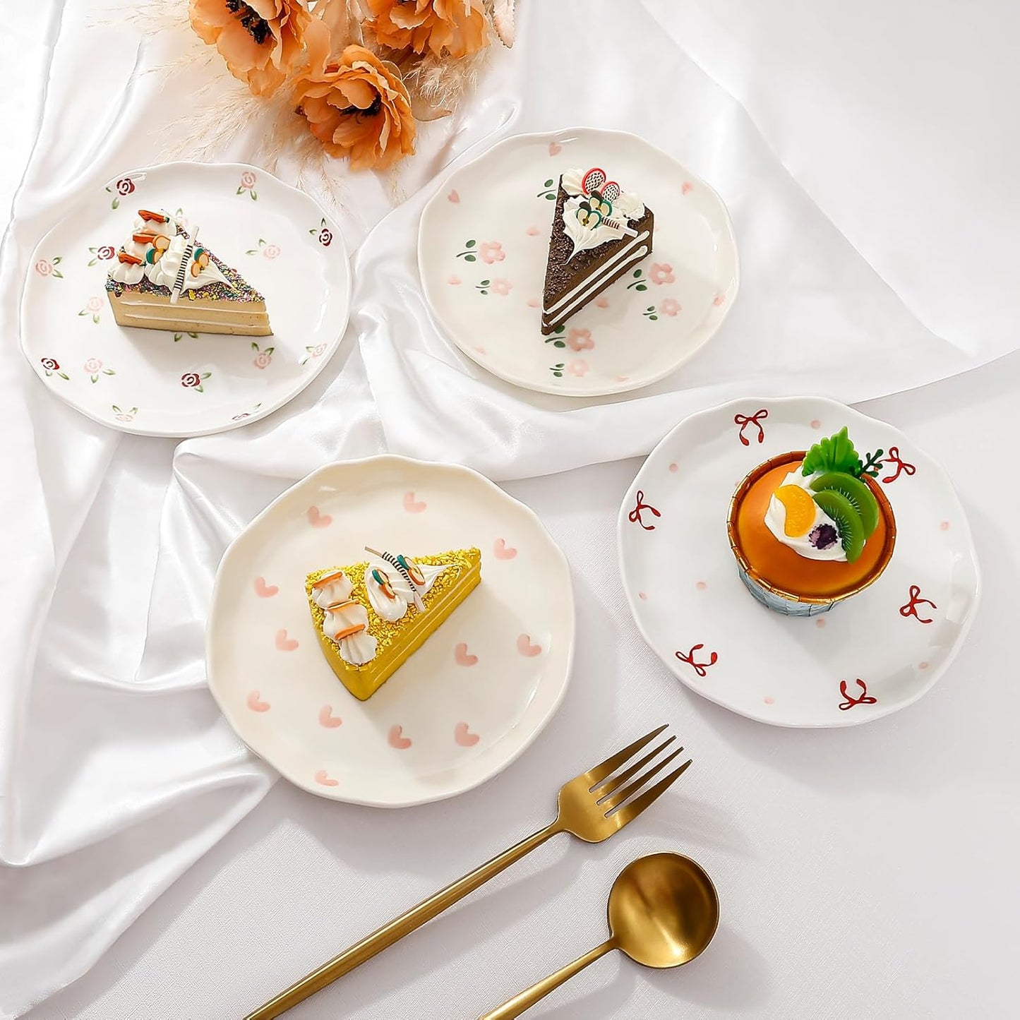 Koythin Ceramic Dessert Plates, Cute Fruits Dinner Plate, Printed Flowers Dinnerware for Office and Home, Kitchen Plates for Desserts (Pink Love)