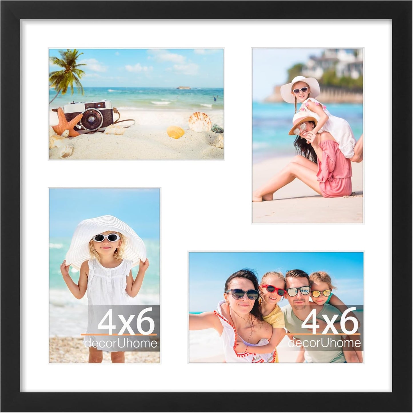 decorUhome 12x12 Picture Frames Collage Wall Decor, Display 4Pcs 4x6 Photos with Mat or 1Pcs 12x12 Unmatted, 4 4x6 Collage Picture Frames for Wall Mounting, Black