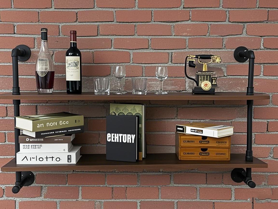 Industrial Pipe Shelving 48inch Wall Mounted, Rustic Floating Shelves with Wood Shelf, 2 Tier Farmhouse Bathroom Shelves Over Toilet, Industrial Pipe Shelf for Kitchen, Living Room Decor