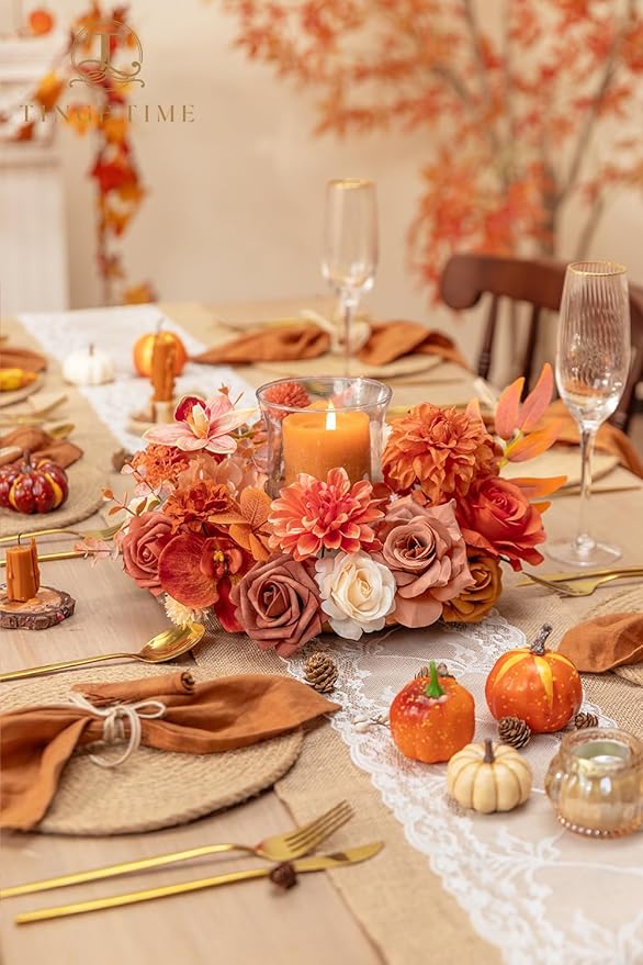 TINGE TIME Roses Artificial Flowers Orange Faux Flowers Bulk for DIY Bridal Wedding Bouquets Baby Shower Fall Centerpiece Table Home Decorations