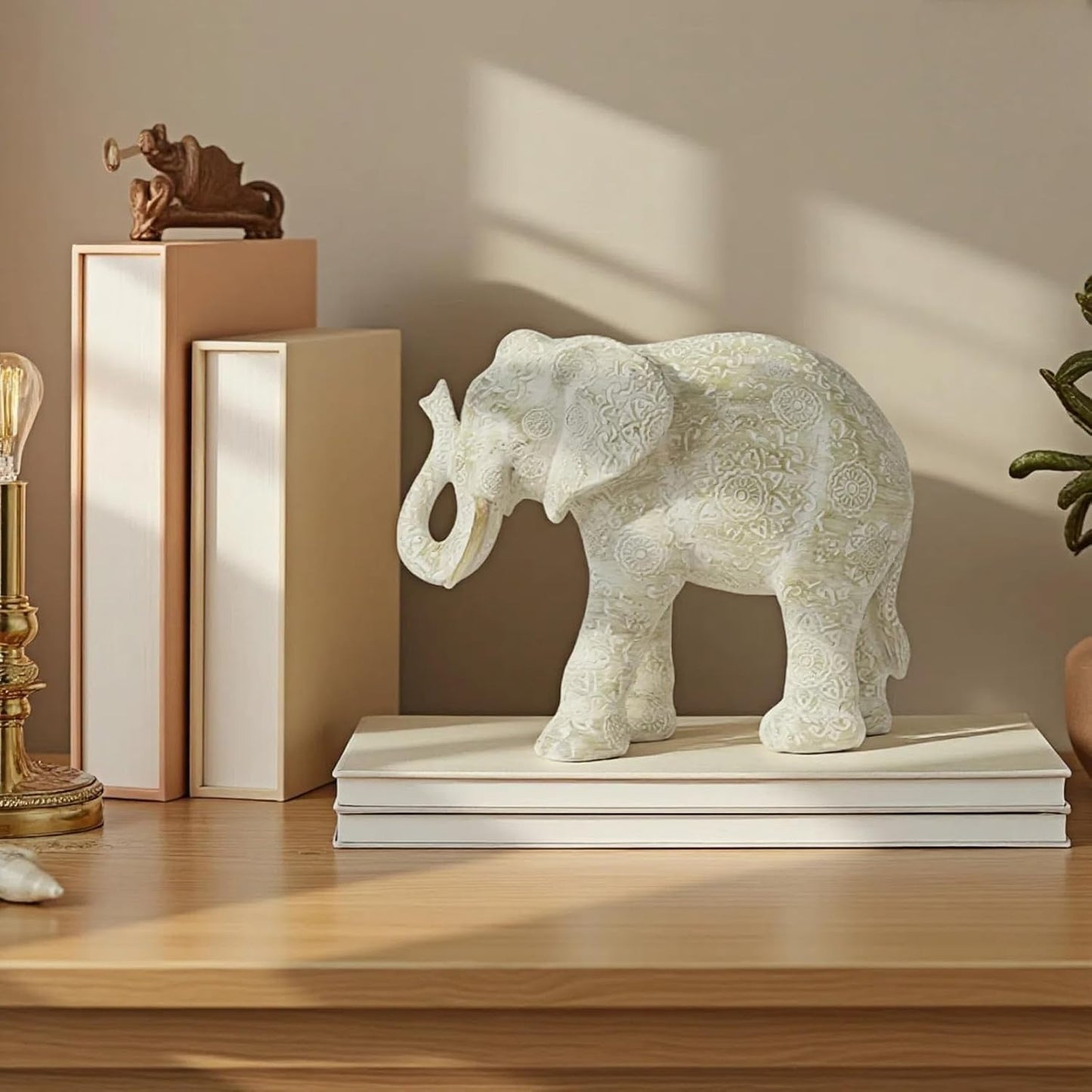 Guichifun Elephant Statues Decor Collectible Figurines - Cream Resin Boho Elephant Decoration Handmade Brings Good Luck Health for Living Room Shelf Office Gifts for Women 7.25 x 3.25 x 5.75 Inch