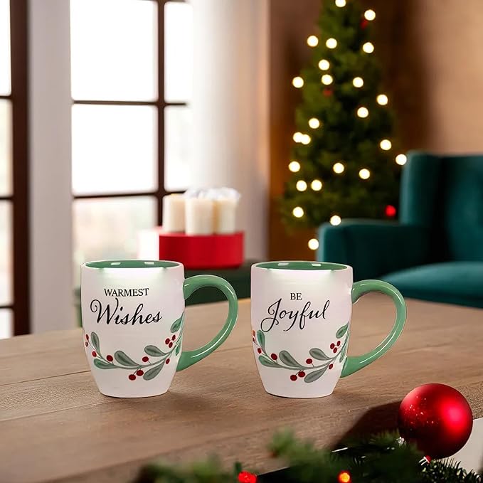 Young's Inc Ceramic Mugs, Warmest Wishes & Be Joyful, 2Ast *Microwave and Dishwasher Safe