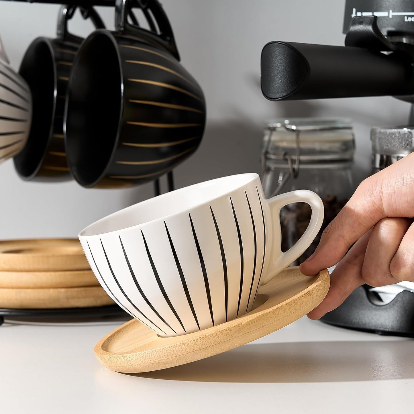 LUKA Ceramic Demitasse Espresso Cups Set with Saucers and Metal Stand, 8 oz Porcelain Cappuccino Cups Teacup For Tea, Espresso, Latte, Coffee, Cafe Mocha, Set of 4, Stripe White & Black