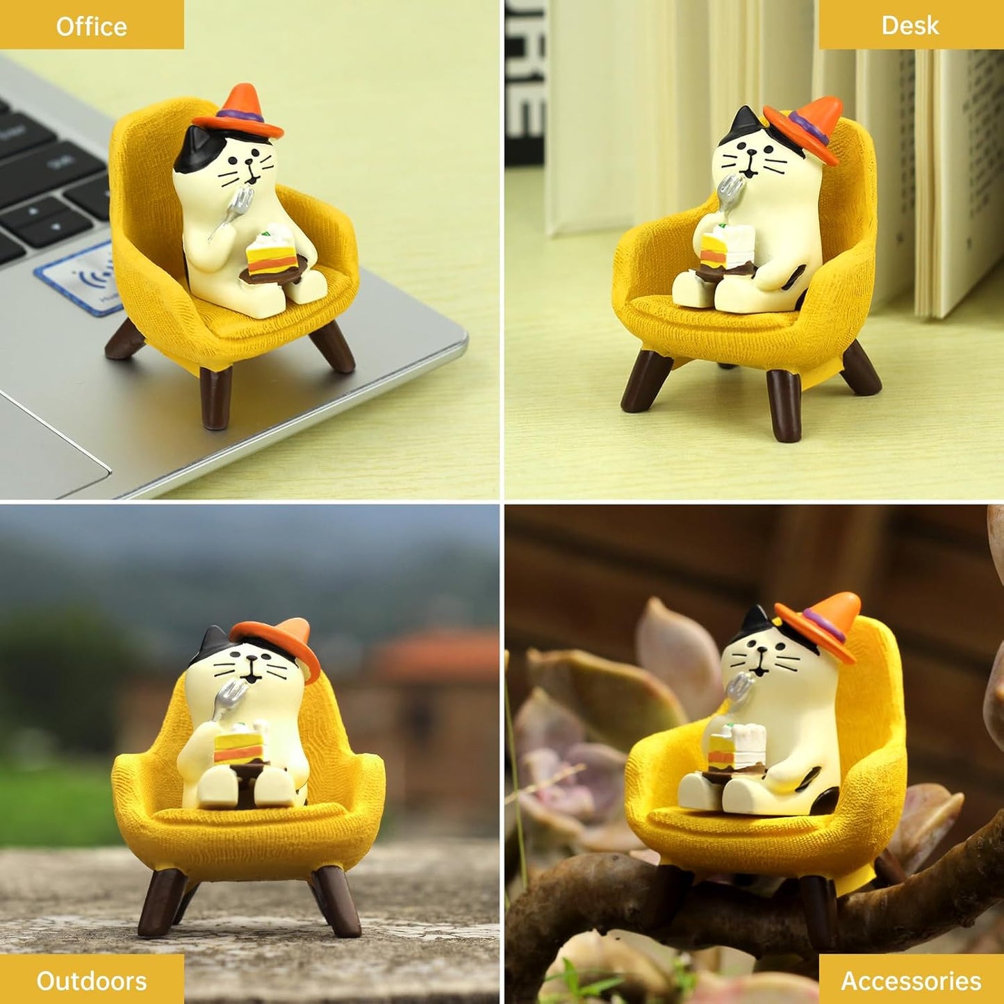 Cute Mini Cat Eating Cake Figurine Resin Cat for Office, Home Decoration Perfect Cute Cat Gift for Cat Lovers - Yellow Sofa