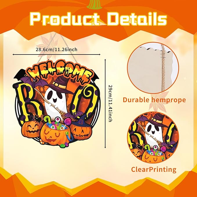 Welcome Halloween Door Sign,Ghost Door Wreath,Pumpkin Wall Sign,Pumpkin Ghost Wall Decoration,Funny Boo Welcome Halloween Plaque for Party Home Porch Yard Office Outdoor Nursery Living Room