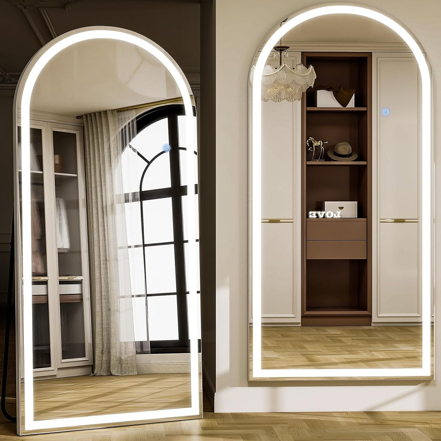 GLSLAND 34"x76" Arched LED Full Length Mirror with Lights Wall Mounted/Standing, Dimmable Floor Lighted Mirrors W/Anti-Fog, Touch Control for Bedroom, Dressing Room