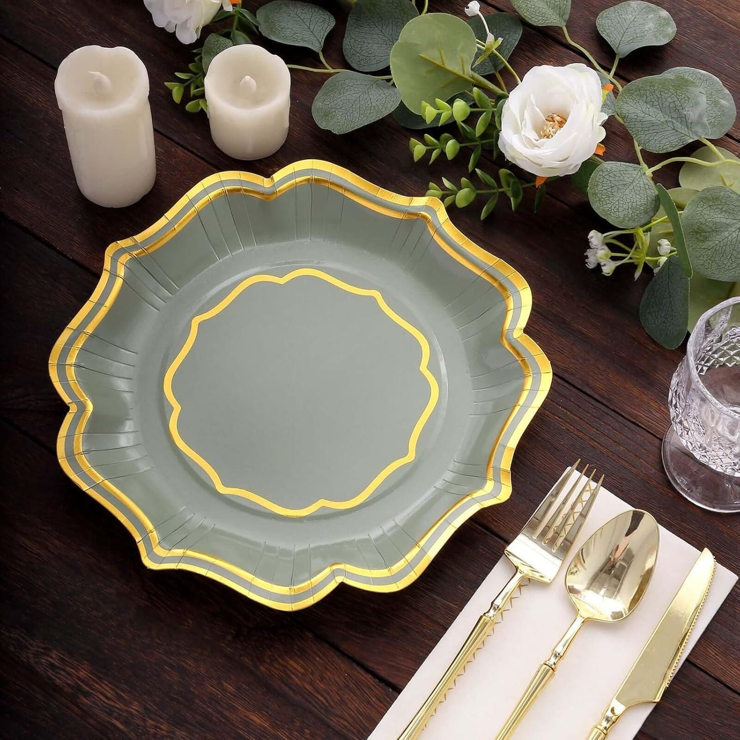 Efavormart 25 Pack Sage Green Dinner Paper Plates With Scalloped Gold Rim, 10" Disposable Party Plates - 300 GSM