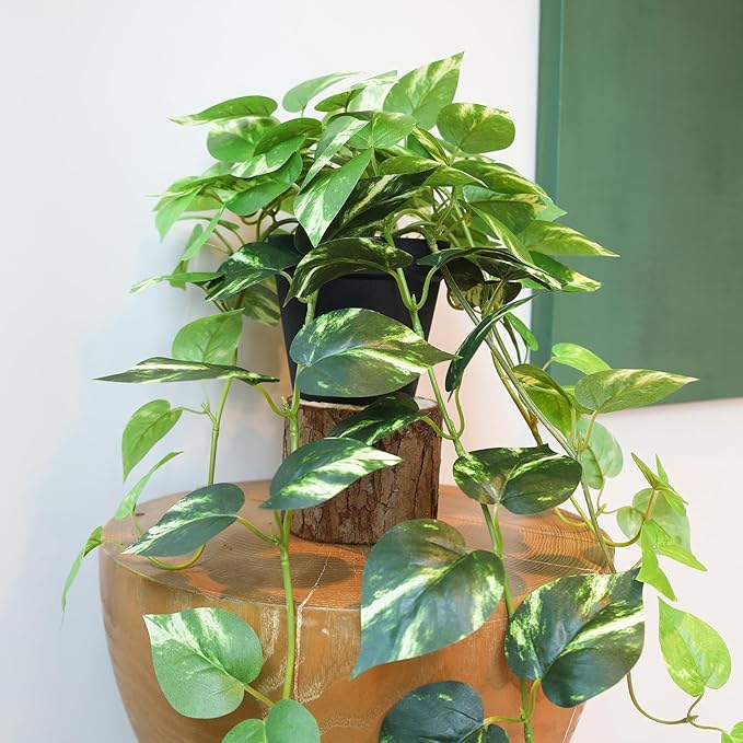 Fake Pothos Hanging Plants - 33" Set of 2 Artificial Silk Ivy Vines with Pots, Realistic Faux Greenery for Indoor Home Decor, Low Maintenance Hanging Plant Decoration (Golden Green)