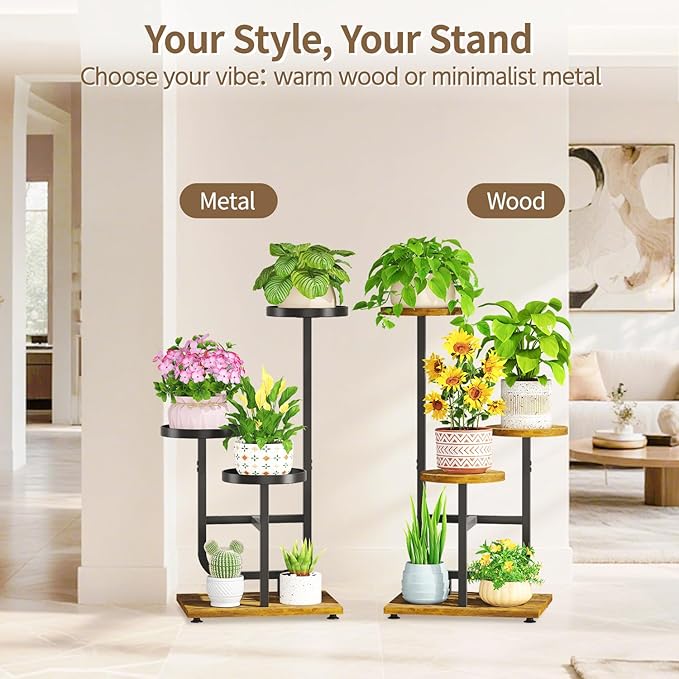 LASZOLA Black 3 Tier Tall Metal and Wood Plant Stand Indoor, Large Heavy Duty Planter Holder Rack for Vertical Corner, Sturdy Iron Spiral Multiple High Flower Organizer for Rustic Patio House Bathroom